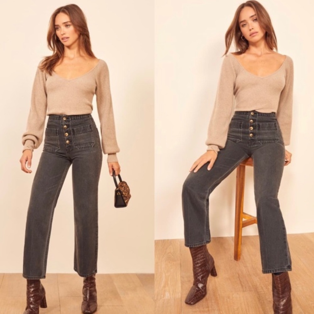 Reformation Eloise Patch Pocket Buttoned Wide Leg Jeans